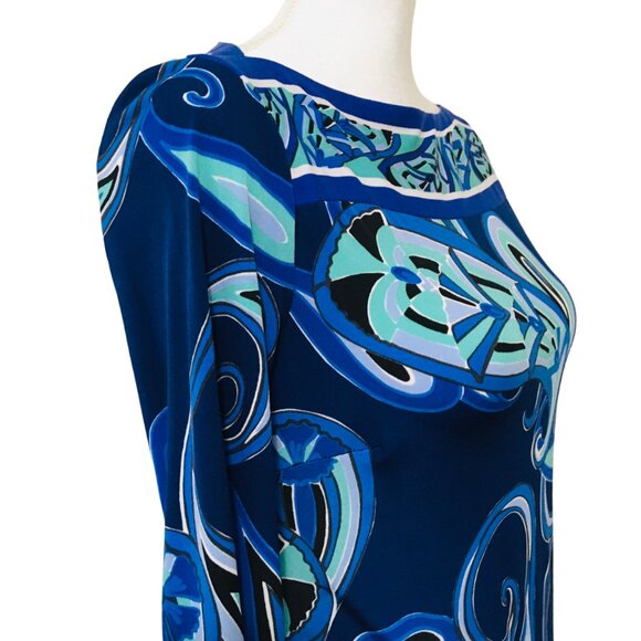 Drop Waist Dress Blue White Green Swirls ¾ Sleeves Stretch Ali Ro Women’s Size 2 - Picture 7 of 16